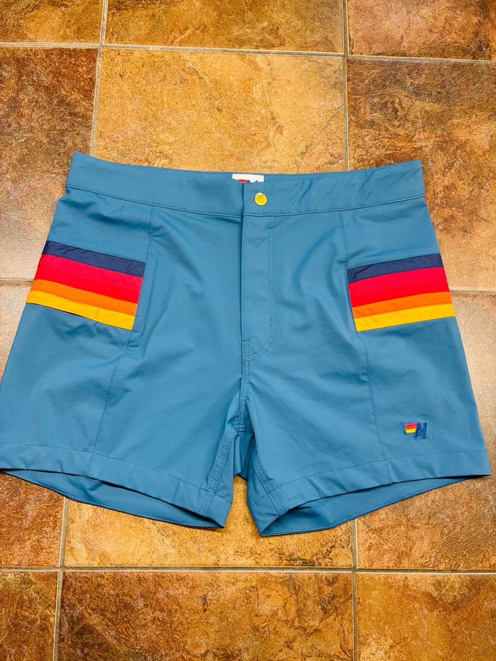 Aviator Nation Teal Men's Shorts with Rainbow Pocket Stripes